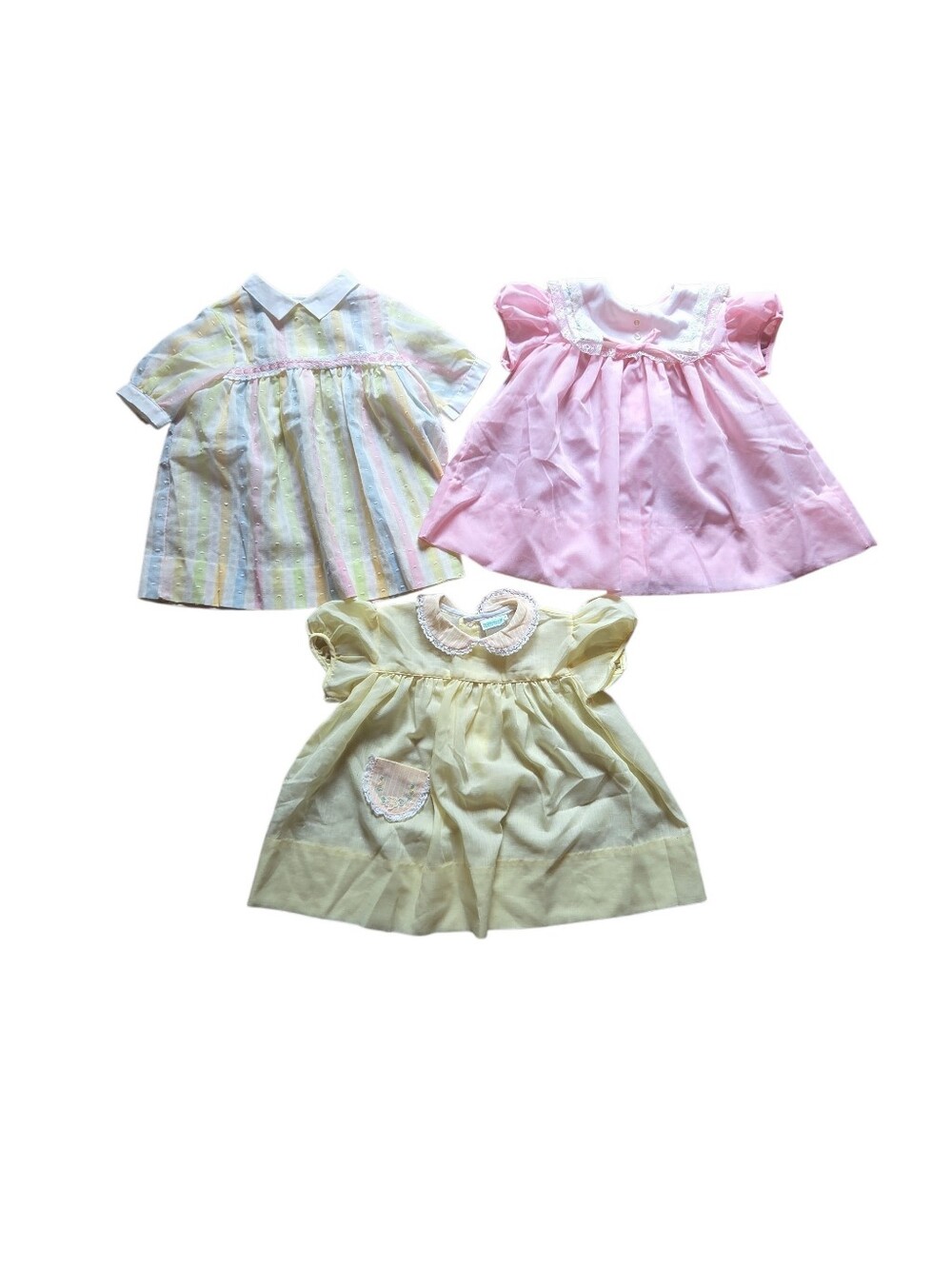 Vintage Set of 3 Baby Dresses - Pink, Yellow & Pastel Stripe